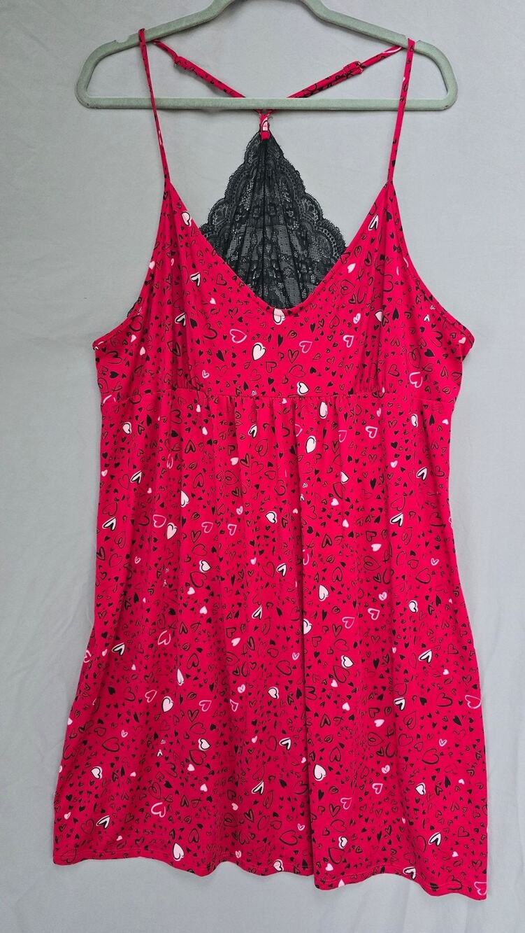 Joyspun Gown Womens 3X Pink Heart Print Lace Back Chemise Nightgown Sleepwear